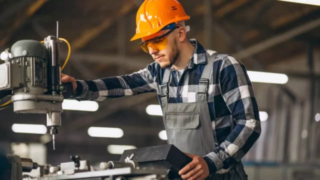 Um auxiliar de produção, mexendo no maquinário