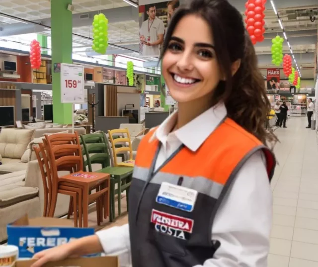 Uma funcionária trabalhando dentro de uma loja da Ferreira Costa Ela está organizando mercadorias em uma prateleira, vestindo um uniforme com as cores da empresa