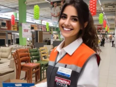 Uma funcionária trabalhando dentro de uma loja da Ferreira Costa Ela está organizando mercadorias em uma prateleira, vestindo um uniforme com as cores da empresa