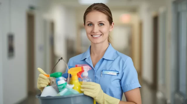 _Um+profissional+de+serviços+gerais,+usando+uniforme+limpo,+luvas+e+carregando+um+balde+com+produtos+de+limpeza,+sorrindo+e+em+um+ambiente+de+escritório+ou+hospital,+estilo+realista,+iluminação+natur