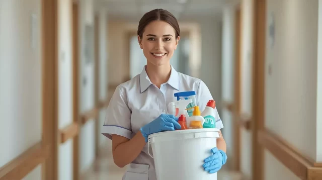 _Um+profissional+de+serviços+gerais,+usando+uniforme+limpo,+luvas+e+carregando+um+balde+com+produtos+de+limpeza,+sorrindo+e+em+um+ambiente+de+escritório+ou+hospital,+estilo+realista,+iluminação+natura